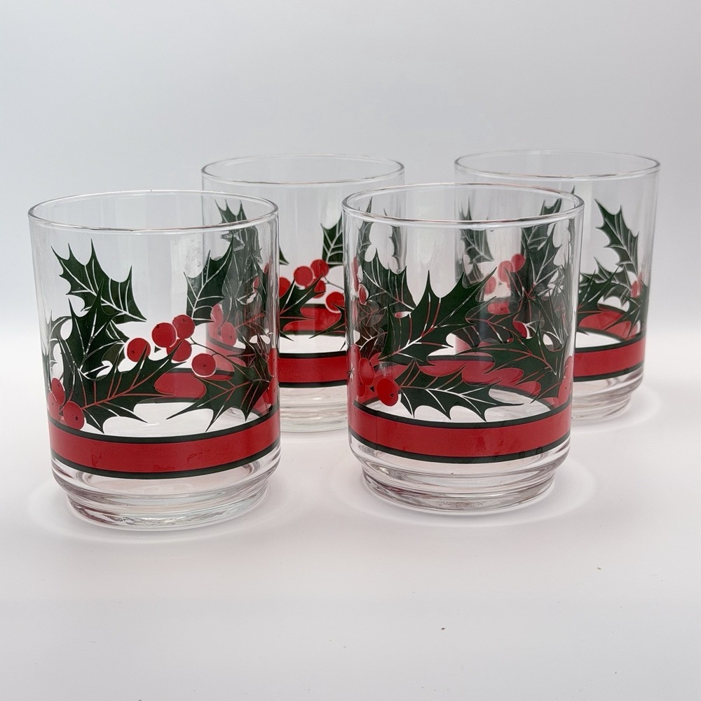 4 Vintage Libbey Holly Berry Christmas Glasses Lowball Tumblers Holiday Season